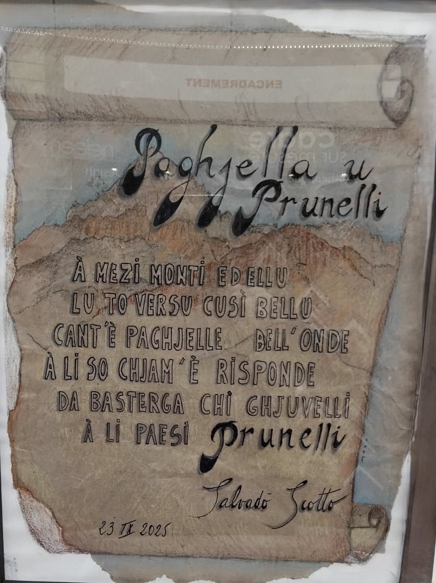 Calligraphie sur papier vieilli du poème « Paghjella u Prunelli » signé Salvadò Scotto